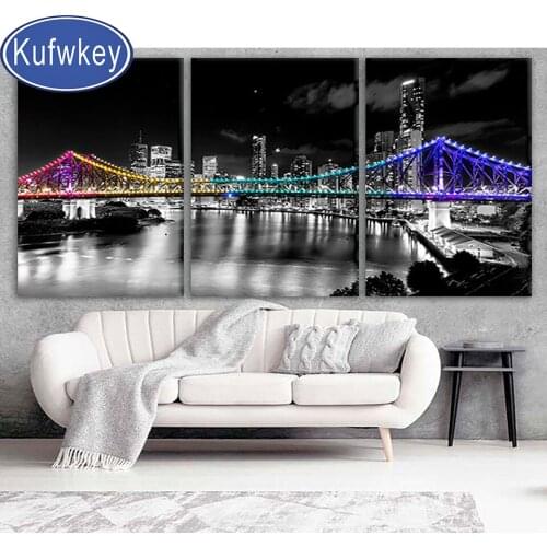 Brisbane City Colored Bridge Diamond Embroidery 3 pcs DIY Diamond Painting Cross Stitch Mosaic Art Triptych New York Nightscape