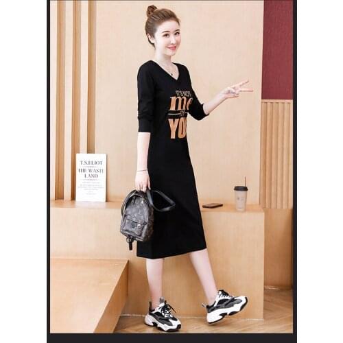 Black Large size vestidos autumn new women long-sleeved Slim was thin V-neck casual T-shirt mid-length bottoming 4XL dress D35