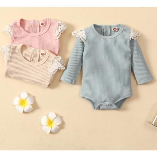 Autumn Spring Baby Romper Solid Color Round Neck Long Sleeve knitted Ribbed Bodysuit Lace Bodysuits 3-24 Months