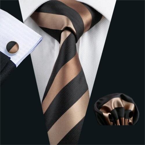 FA-585 Gents Necktie Brown Stripe 100% Silk Jacquard Tie Hanky Cufflinks Set Business Wedding Party Ties For Men Free Shipping