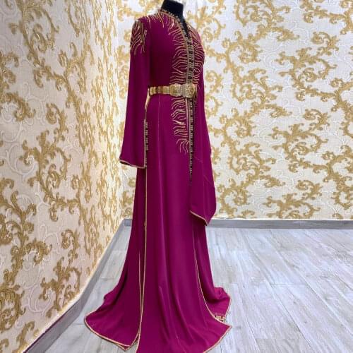Fuchsia Long Sleeves Moroccan Caftan Summer Dress With Applique A-Line Floor Length Dubai Special Occsaion Prom Dress Plus Size