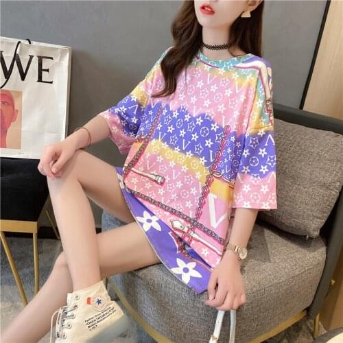 Cotton summer new Korean large size womens printed letters in the long short-sleeved T-shirt female wild