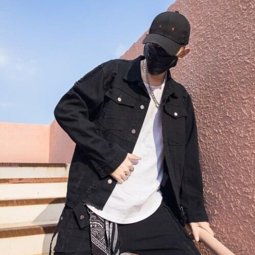 Hip Hop Men Loose Jean Jacket Female Boyfriend Autumn Long Sleeve Casual Hole Ripped Denim Streetwear Coat Male Bomber Jacket