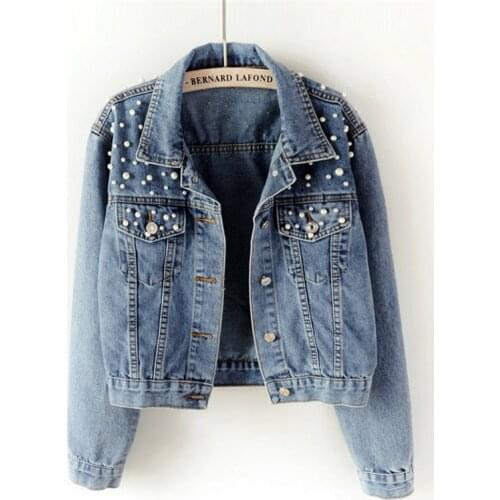 NEW Women Denim Jackets Vintage Jean Jackets Casual Female Turn-down Collar Pocket Beading Short Outwear Coat Plus Size 5XL J272