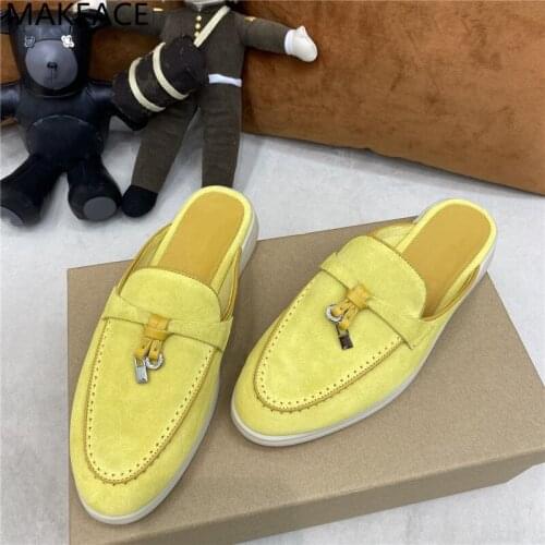 Hot Sale Mules Women Suede Leather Flats Shoes Woman Round Toe Metal Lock Decor Loafers Ladies Comfort Outwear Slippers Women