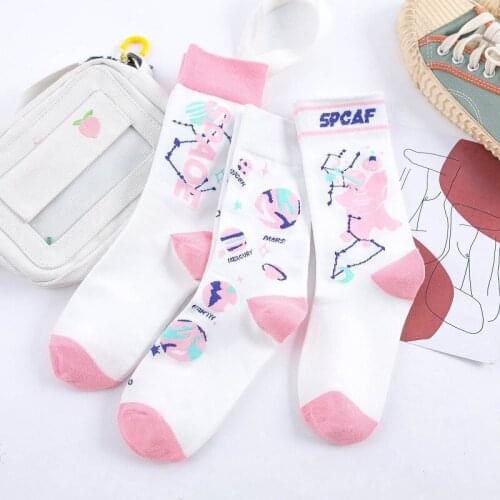Pink Women Crew Socks Planet Pattern Trend Harajuku Sports All-Match Autumn and Winter Cute Korean Sweet Cotton Stocking