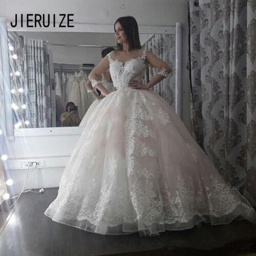 JIERUIZE New Modern Ball Gown Wedding Dresses Scoop Neck Lace Appliques Illusion 3/4 Sleeves Wedding Gowns Vestido De Noiva
