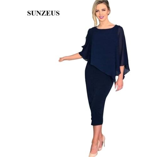 Sheath Tea Length Mother Of The Bride Gowns With Chiffon Cape Elegant Women Wedding Party Gowns Formal Guest Dress