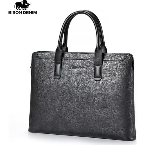 BISON DENIM Genuine Cowhide Leather Men Briefcase Business Large Capacity Male Handbag 13.5 Inch Laptop Bag For Man N20072-3B