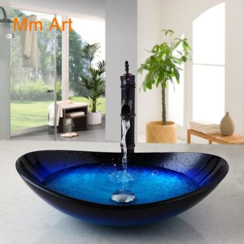 Blue Ingot-Shaped Glass Table Wash Basin Hand-Painted Art Wash Basin Basin In Bathroom Fashion Matching Art Basin