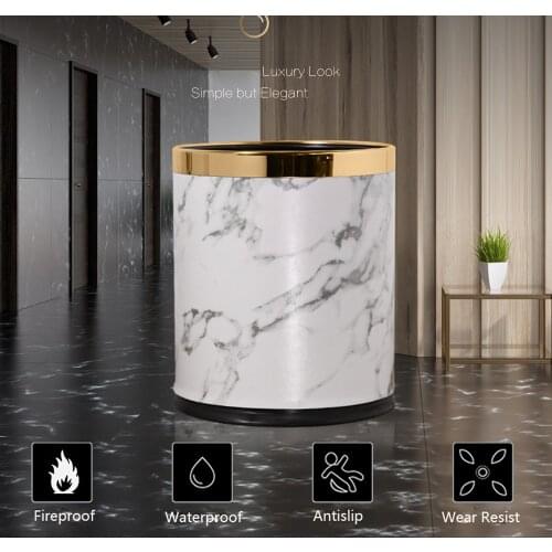Luxury Metal Waste Bin with Leather Cover,Open Top Office Wastebasket,Double Layer Trash Can,Round Shaped