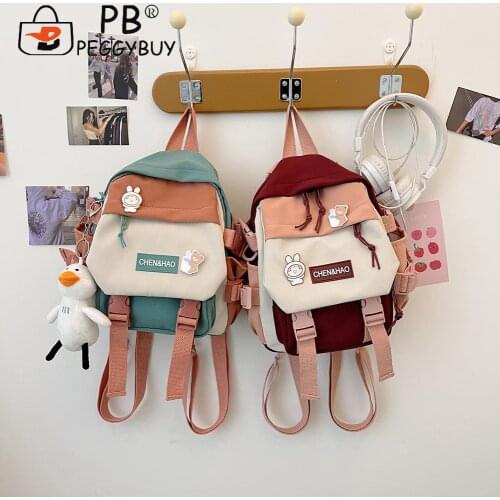 Fashion Preppy Style Women Cartoon Printing Contrast Color Backpack with Pendant Portable Girls Student Large Capacity Schoolbag