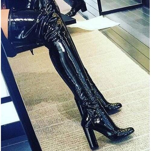Winter newest patent leather over the knee high heel boots round toe thick heels woman boots thigh high boots