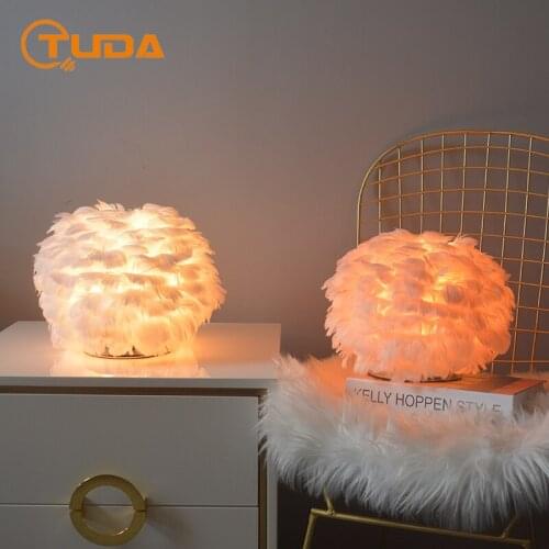 TUDA 24x30cm Free Shipping INS Girly Bedroom Bedside Lamp Warm Romantic Small Table Lamp Feather Lamp Wedding and Birthday Gift