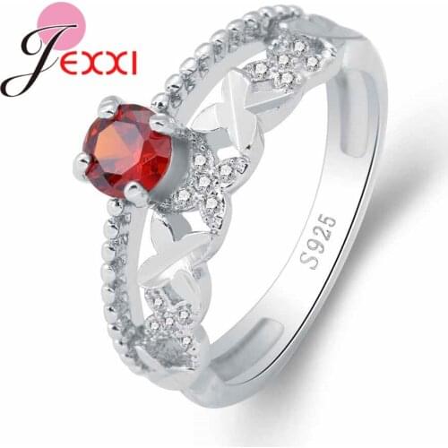X shaped Two Lines Fashion Women Female Finger Rings With Round Red Crystals 925 Sterling Silver Delicate Wedding Jewelry