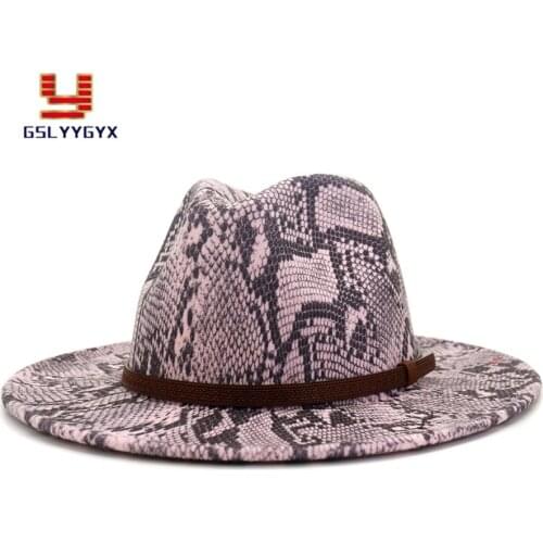 2020 Hot Sell Fall Winter New Fashionable Snake Pattern Print Woolen Felt Fedora Hat for Women Men Wide Brim Church Party Hat