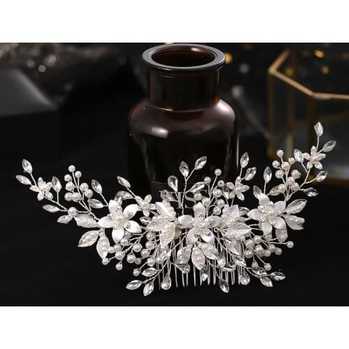 FORSEVEN Luxury Handmade Silver Color Flower Women Comb Alloy Imitation Pearl Hair Comb Bridal Wedding Headdress Jewelry JL