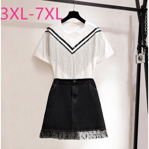 New summer plus size women large cotton loose white T-shirt and elastic black pocket denim skirts two piece suit 4XL 5XL 6XL 7XL