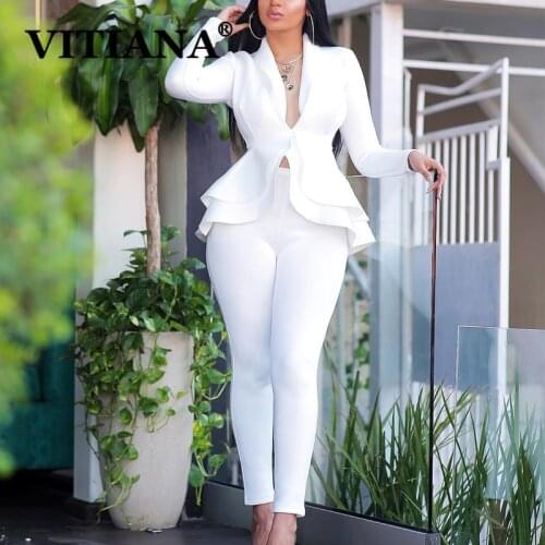VITIANA Formal 2 Piece Outfits for Women Autumn 2019 Female Ruffles Jacket and pants two piece set Femme Black Office Sets