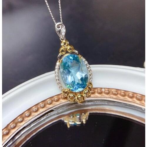 Vintage Elegant Sky Blue Topaz Stone Silver Necklaces For Women Wedding Necklaces Natural Sapphires Pendants Fine Jewelry