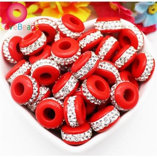 10 Pcs Red Pink Black Fimo Clay Crystal Rhinestone Beads Large Hole Silver Plated Cores Fit Pandora Bracelet Bangle Hair Beads