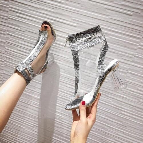 2020 Spring Fashion Snake Printed Transparent Women Sandals Boots Peep Toe Sexy Pumps Clear High Heels Hollow Short Ankle Boots