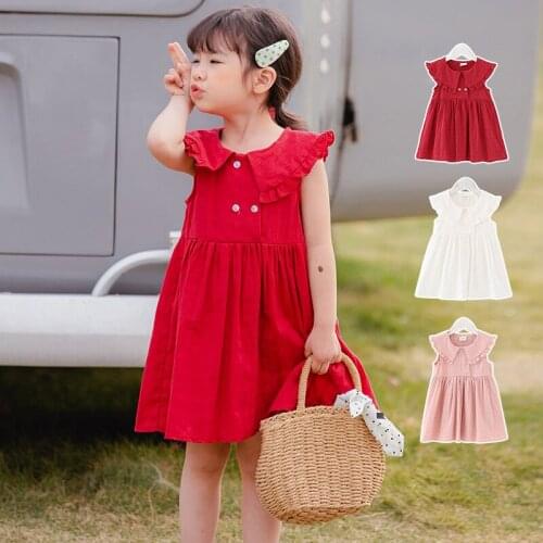 BINIDUCKLING 2020 Summer Toddler Girls Dress Cotton Solid Sleeveless Dress For Baby Girls Kid Red Pink White Dress For 18M to 5T
