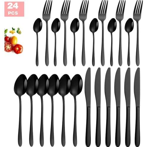 24Pcs Dinnerware Set Black Cutlery Set Tableware Knives Forks Spoons Gold Dinnerware Set Western Silverware Flatware Sets
