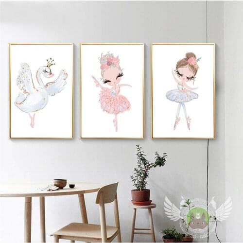 3 Pcs Cute Cartoon Ballet Dancing Girl Posters Pictures Canvas Wall Art Decorative Home Decor Paintings Living Room Decoration
