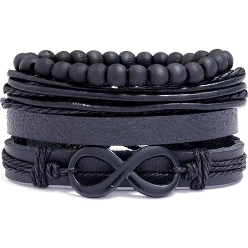 4Pcs/Set Multilayer braided retro cowhide bracelet simple diy combination black figure 8 leather bracelet