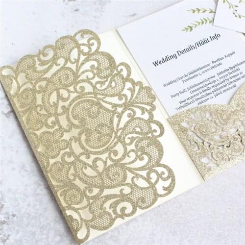 50pcs Gold Laser Cut Wedding Invitations with Floral Pockets and Envelopes for Wedding/Quinceanera/Birthday