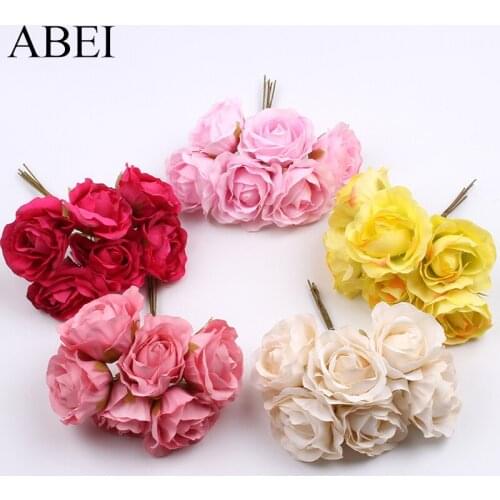 6pcs/lot Blossoming Rose Artificial Flower Bouquet DIY Wreath Garland Wedding Party Home Decoration Face Silk Fabric Flowers