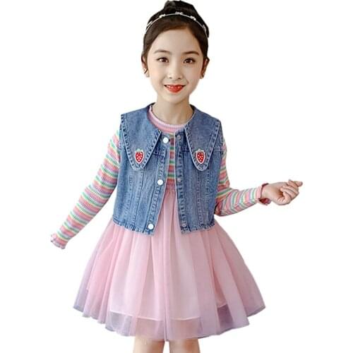 Kids Clothes Girls Denim Vest + Dress Childrens Clothes For Girls Casual Style Kids Girls Clothes Spring Autumn Kids Tracksuit
