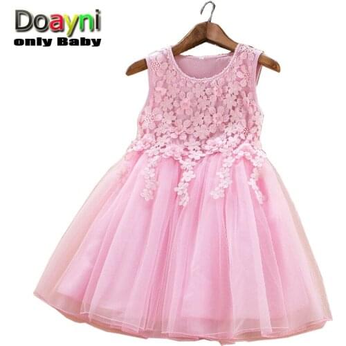 Doayni Baby Girls Stereo Lace Floral Dress Net Yarn Hollow Mesh Princess Party Cute Mid-age Girls Elegant Dress above 3years