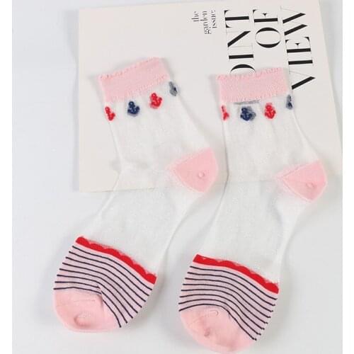 DONG AI 5 Pairs Cotton Women Socks Transparent Crystal Glass Striped Comfy Sheer Spring Summer Ankle Sock Personality Socks