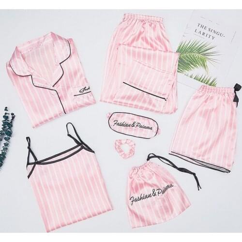 DHL or fedex 20set/lot Womens 7 Pieces Sets Emulation Silk Pyjama Sets Spring Summer Autumn Pajamas Tops+Shorts+Shirt+Pants