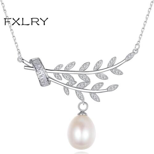 FXLRY Elegant Natural Pearl Pendant Necklace Branches and leaves White CZ Jewelry for Women Wedding Dating Gift