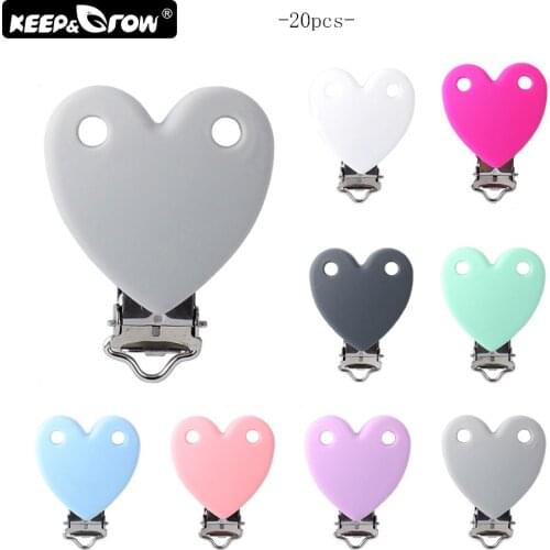 Keep&Grow 20Pcs/Lot Heart Shaped Silicone Pacifier Clips Baby Teethers Metal Nipple Holder Silicone Beads DIY Tool Accessories