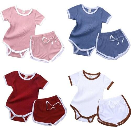 0-24M Summer 2pcs Newborn Baby Girl Boys Clothes Sets Solid Short Sleeve Romper Tops+Shorts Pants Baby Boys Outfit 4 Colors