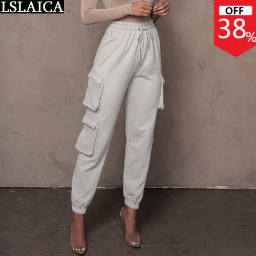 Summer Womens Pants Elastic Waist Lace-up Solid Color Pockets Pants for Women 2021 Casual Plus Size Sport Pencil Pants Woman