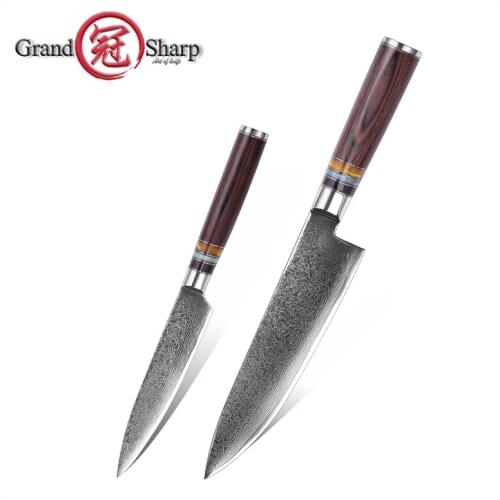 Grandsharp 2 Pcs Kitchen Knife Sets Damascus Kitchen Knives vg10 Japanese Damascus Utility Chef Knife 67 Layers Carbon Steel