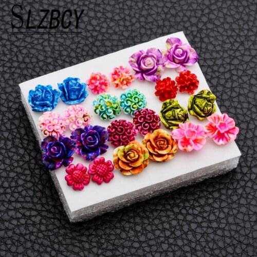 SLZBCY Colorful Rose Flower Stud Earrings Set Resin Red Color Small Ear Earring for Women Girl Hoilday Party Jewery 12Pairs/Set