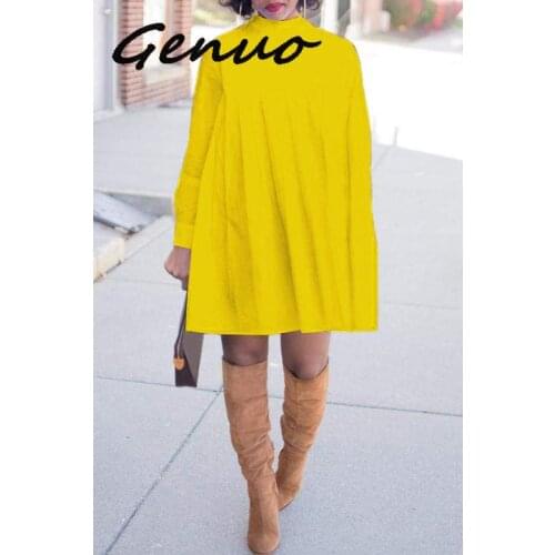 Genuo New 2019 Women Casual Stand Solid Long Sleeve Dress Autumn Streetwear Loose Above Knee Dress Plus Size Women Shirt Dress