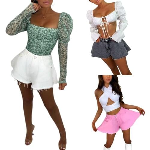 2021 Newest Women Loose Style Shorts Solid Color Mid Waist Denim Cloth Flared Shorts