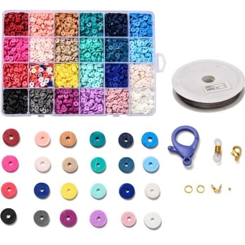 Flat Round Polymer Clay Spacer Beads Jewelry Set Lobster Claw Clasps Elastic String Beading Cord For DIY Earring Bracelet Making