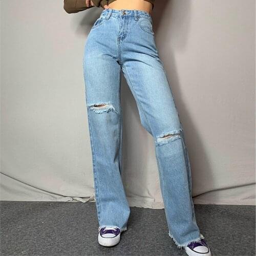 Ripped Women Loose Straight Jeans Fashion Hole Ripped High Waist Denim Pants 2021 Casual Tassel Wide Legs Mom Trouser