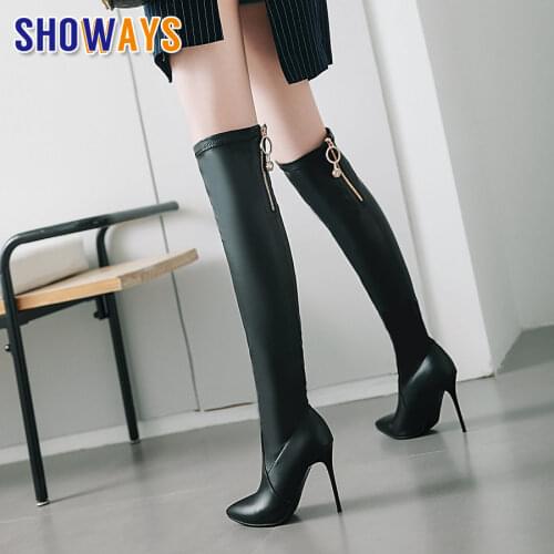 Winter Autumn Women Stretch Thigh High Boots Stiletto Heel White Pointed Toe Sexy Party Lady Elastic Slim Zipper Over Knee Boots