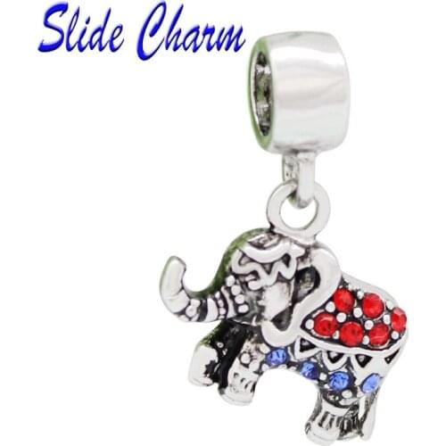 Slide charm free shipping DIY beads Colorful Crystal Elephant Pendant Animal Charm Beads fit Pandora bracelet necklace