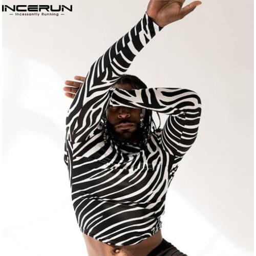 INCERUN Stylish New Mens Fashion T-Shirt Long-sleeved Striped Tees Well Fitting Zebra Print Short Stretch Slims Tops S-5XL 2021