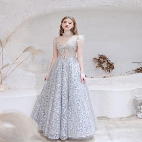 Light gray floor length evening dress high neck neck slim fitting silver banquet stage host performance dress female 19-551020